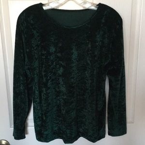 Vintage Crushed Velour Top Long Sleeves Round Neckline Small Dark Green or Black